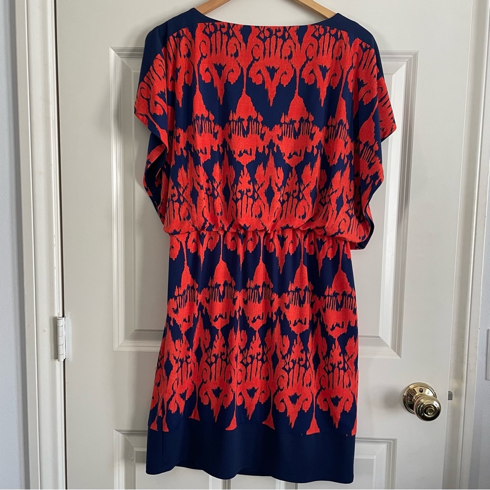 Signature by Sangria Navy and Red/Orange Patterned Midi Dress - Picture 4 of 9